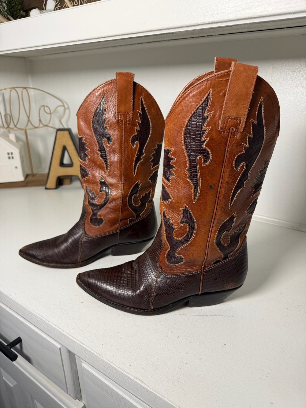 Vintage Circle S Women’s 6 Brown Lizard Cowboy Boots Leather Western Pointed Toe